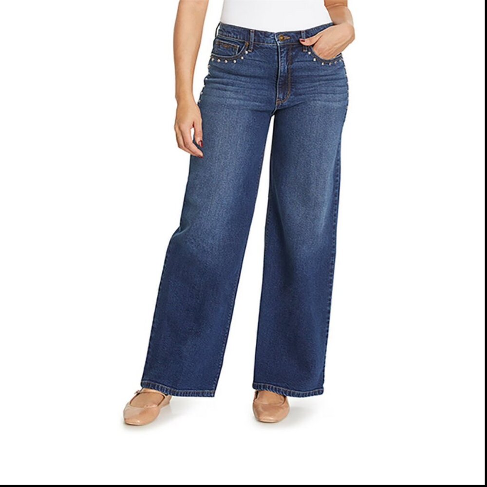 Nine West Women's Wide Leg Jeans – Size 14 – Silver Pocket Detail – Stretch!